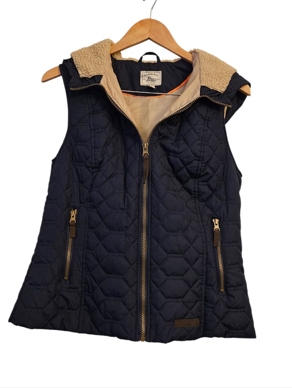 G.H. Bass & Co Quilted Zip Vest, Faux-Fur Lined Hood,Navy